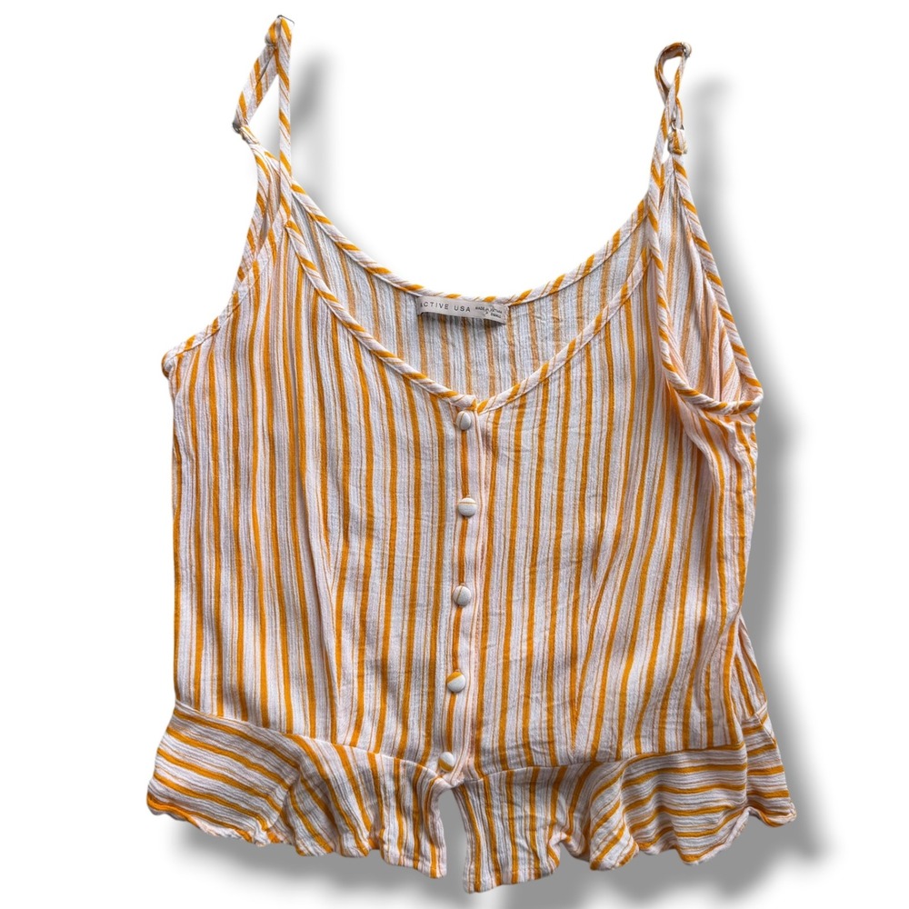 Active USA Sm Yellow White Striped Button Front Peplum Cami Crop Top Boho Beachy